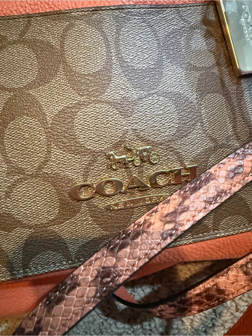 Coach Orange Pebbled Leather Tote with Signature Canvas Pocket - Picture 7 of 9